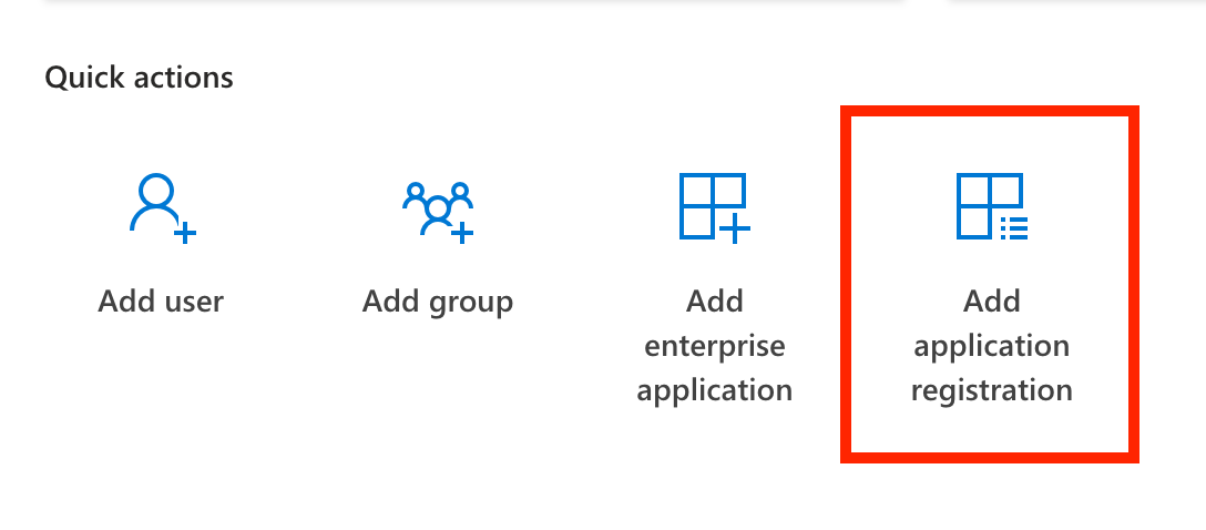 Azure Portal에서 애플리케이션 등록 추가 Quick Action을 선택합니다.