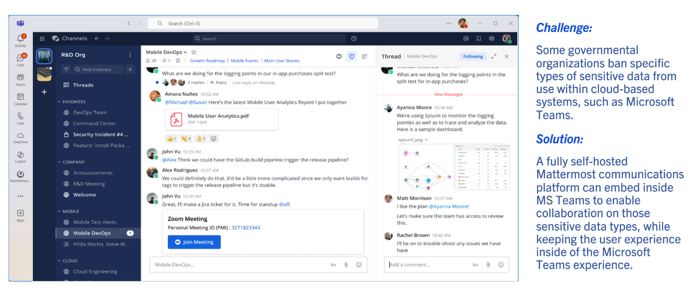 자체 호스팅 Mattermost 협업 기능이 Microsoft Teams와 Outlook 사용자 경험 안에 임베드되며, 모든 메시지, 음성 및 화면 공유 녹화본, 전사 기록, 파일 공유, AI 상호작용 데이터를 완전한 온프레미스 데이터 저장소에 보관합니다.