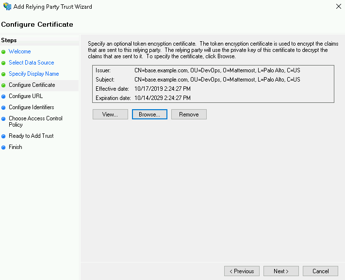 Configure Certificate 화면에서 Service Provider Public Certificate를 업로드하는 화면