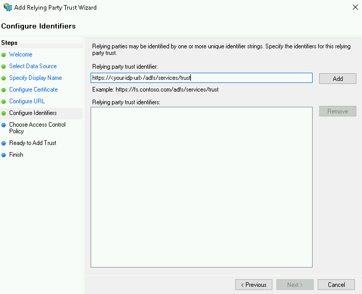 Configure Identifiers 화면에서 신뢰 당사자 트러스트 식별자를 입력하는 화면