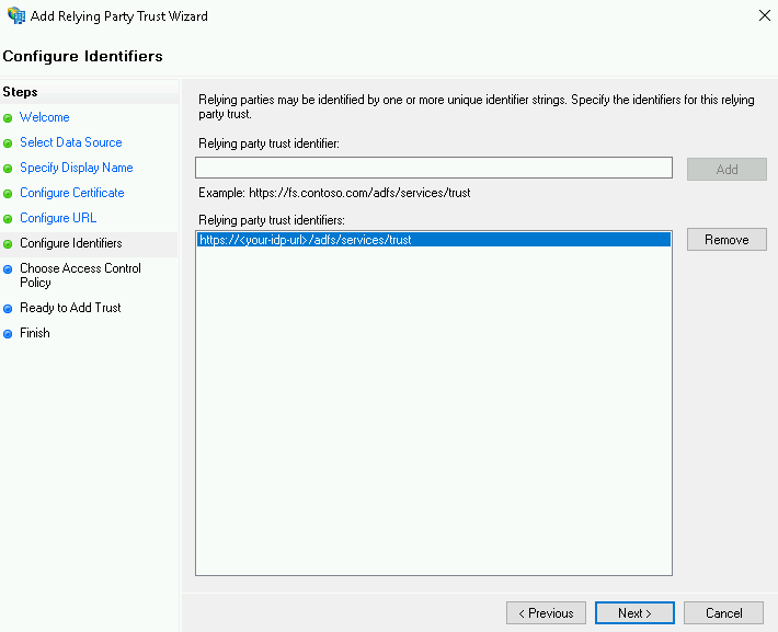 Configure Identifiers 화면에 식별자가 추가된 상태