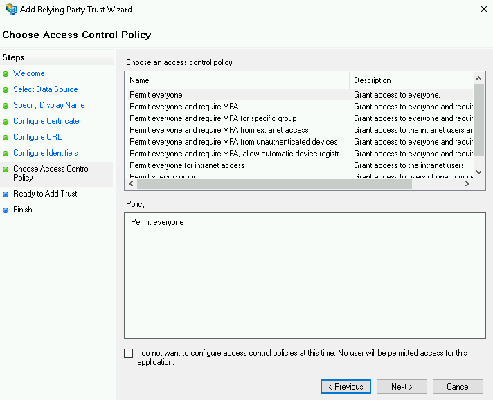 Choose Access Control Policy 화면에서 접근 제어 정책을 선택하는 화면