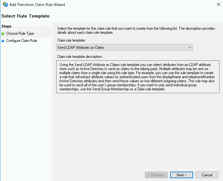 Choose Rule Type 화면에서 Send LDAP Attributes as Claims를 선택하는 화면