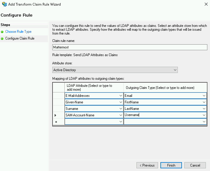 Configure Claim Rule 화면에서 LDAP 속성과 나가는 클레임 유형을 매핑하는 화면