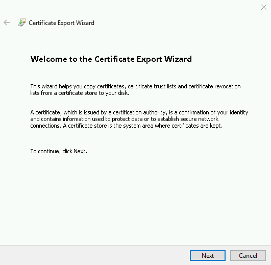 Certificate Export Wizard 시작 화면