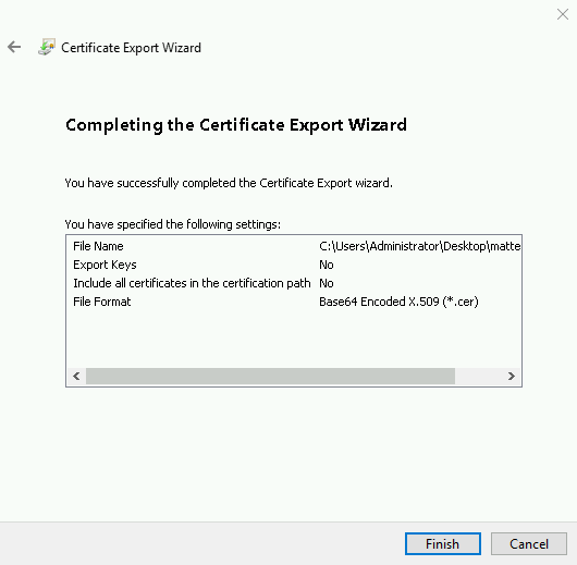 Certificate Export Wizard 완료 화면