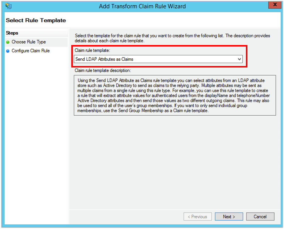 Choose Rule Type 화면에서 Send LDAP Attributes as Claims를 선택하는 화면