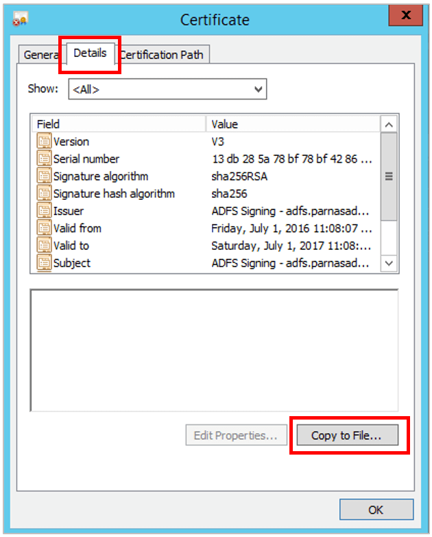 Certificate 화면의 Details 탭에서 Copy to File을 선택하는 화면