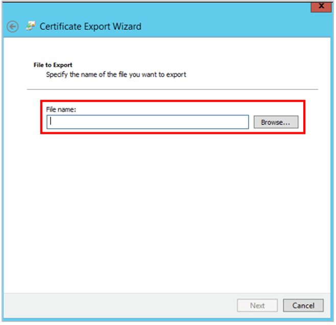 Certificate Export Wizard에서 내보낼 파일 위치와 이름을 지정하는 화면