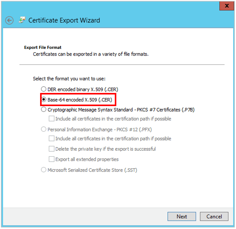 Certificate Export Wizard에서 Base-64 encoded X.509 형식을 선택하는 화면