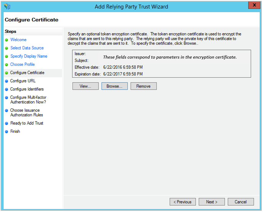 Configure Certificate 화면에서 Service Provider Public Certificate를 업로드하는 화면
