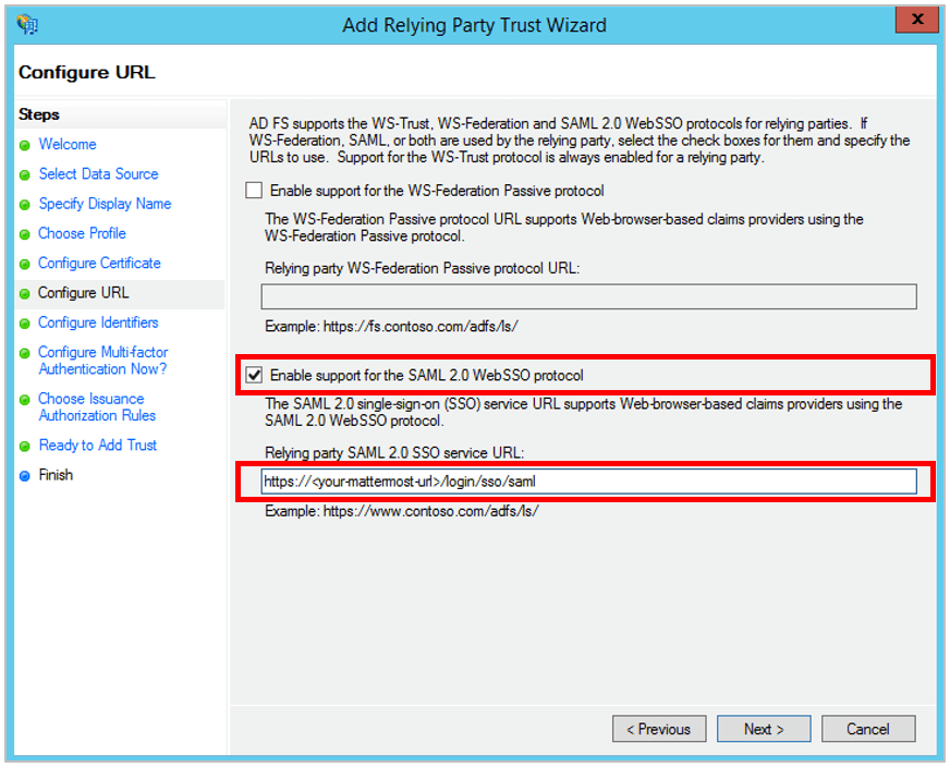 Configure URL 화면에서 SAML 2.0 SSO service URL을 입력하는 화면
