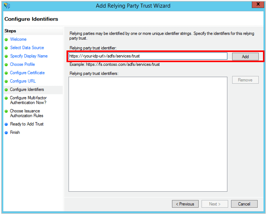 Configure Identifiers 화면에서 신뢰 당사자 트러스트 식별자를 입력하는 화면
