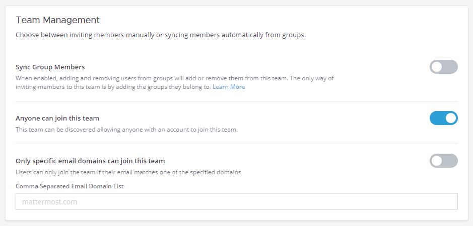 시스템 콘솔에서 팀의 Anyone can join this team 옵션 활성화.