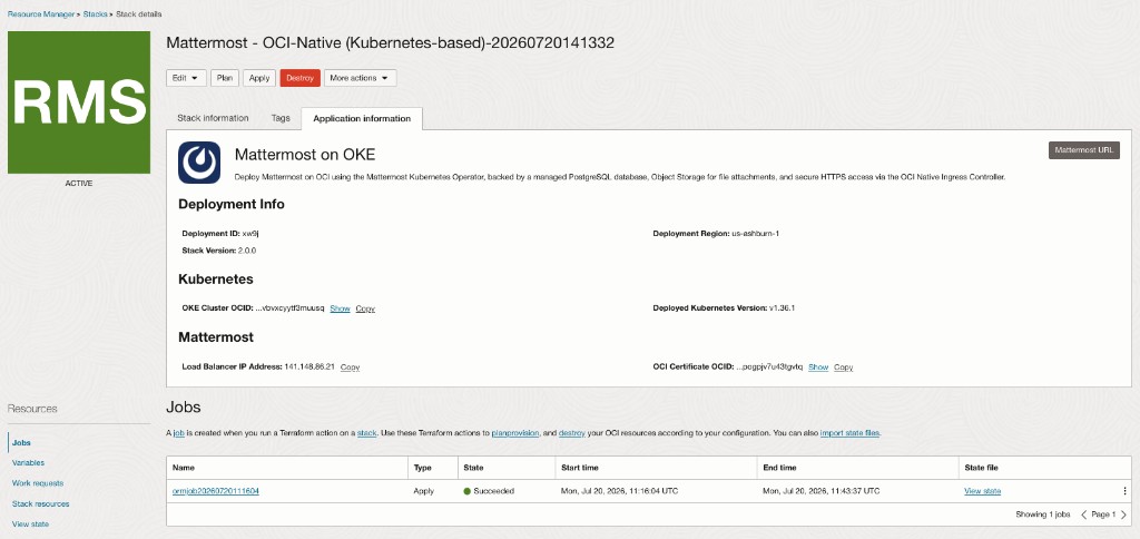 배포, Kubernetes, Mattermost 세부 정보를 보여 주는 Application information 탭