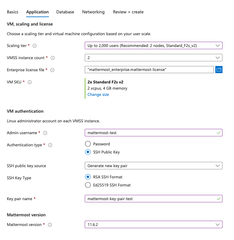 Azure Native Application 설정 화면 예시.