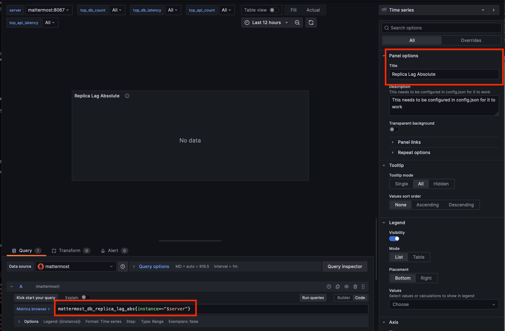 복제한 Grafana 차트에서 수정해야 할 부분을 보여 주는 스크린샷