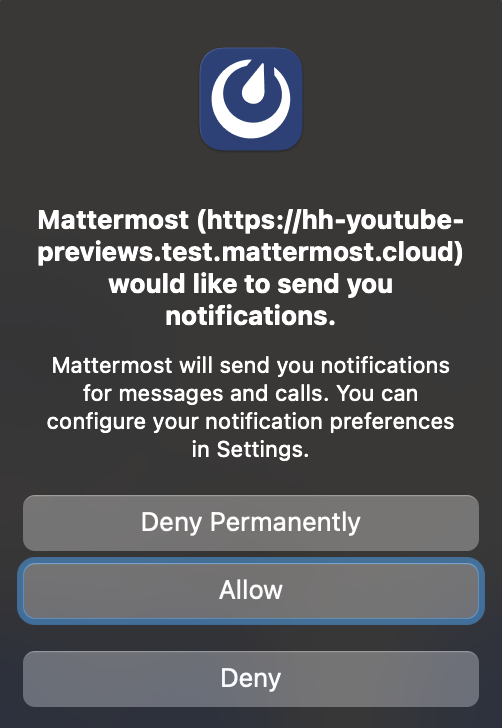 Mattermost 데스크톱 앱의 알림 권한 안내 예시