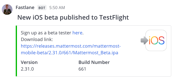 인커밍 웹훅을 사용해 Mattermost에 게시된 Fastlane 알림 예시.
