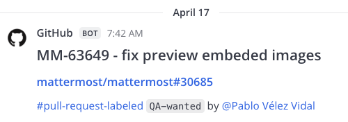 인커밍 웹훅을 사용해 Mattermost에 게시된 GitHub 알림 예시.