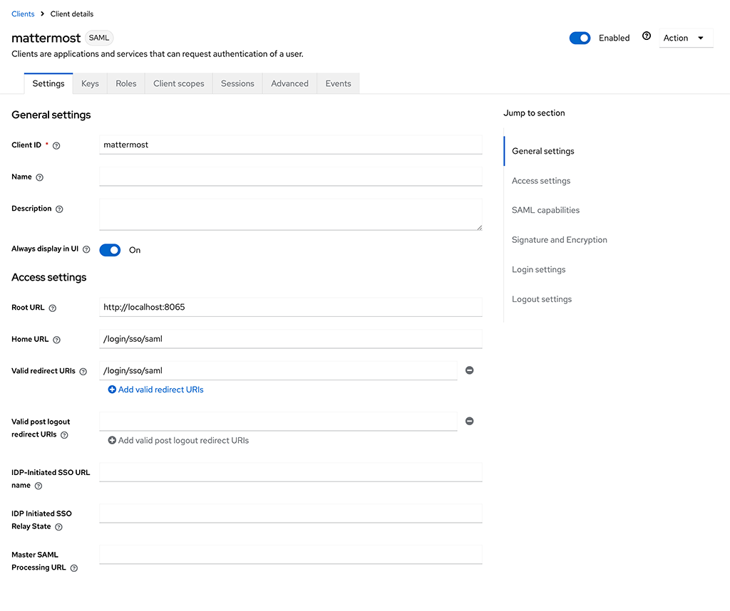 Keycloak에서 Mattermost 클라이언트를 만들고 Client ID와 Client Protocol을 지정한 뒤 변경 사항을 저장합니다.