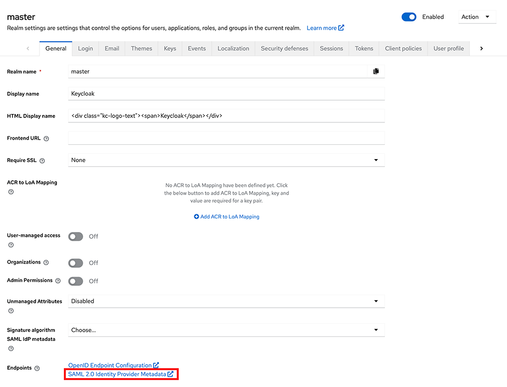 사용 중인 Realm에서 Realm Settings를 선택합니다. General 탭 하단에 SAML 2.0 Identity Provider Metadata 엔드포인트가 표시됩니다. 다음 단계에서 사용할 수 있도록 이 URL을 복사합니다.