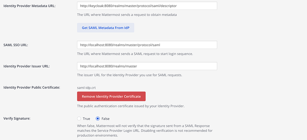 Mattermost에서 시스템 콘솔의 Authentication > SAML로 이동해 SAML을 구성합니다. Identity Provider Metadata URL을 이전 단계에서 복사한 값으로 설정합니다. Get SAML Metadata from IdP를 선택하면 Keycloak 구성과 관련된 필드가 채워집니다.