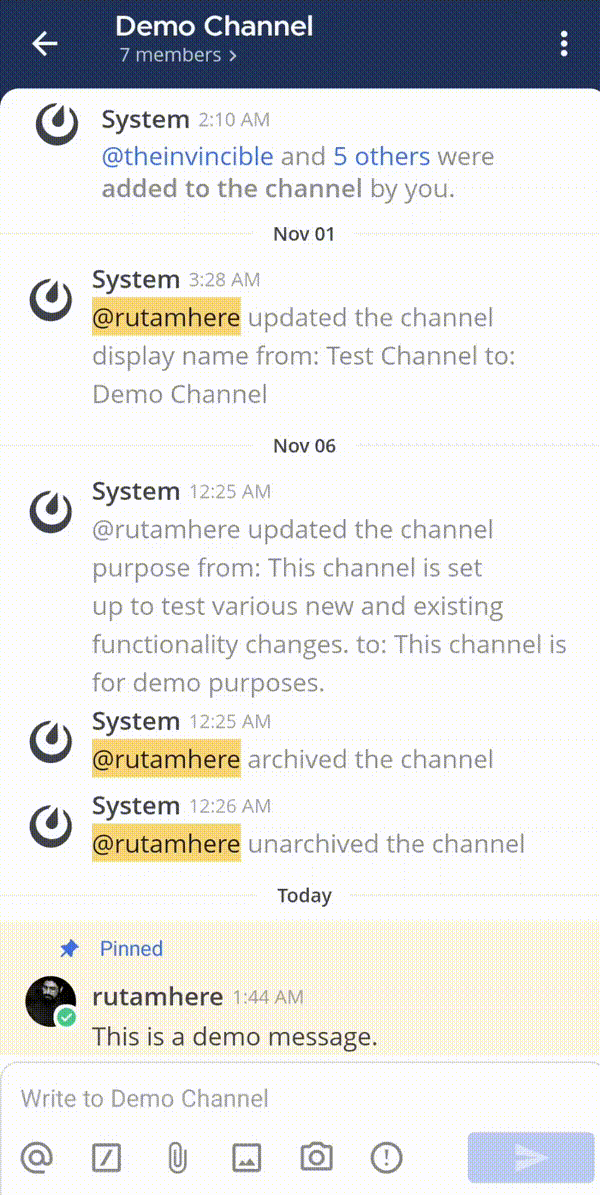 채널에서 고정된 메시지를 길게 눌러 고정 해제 옵션을 확인합니다.