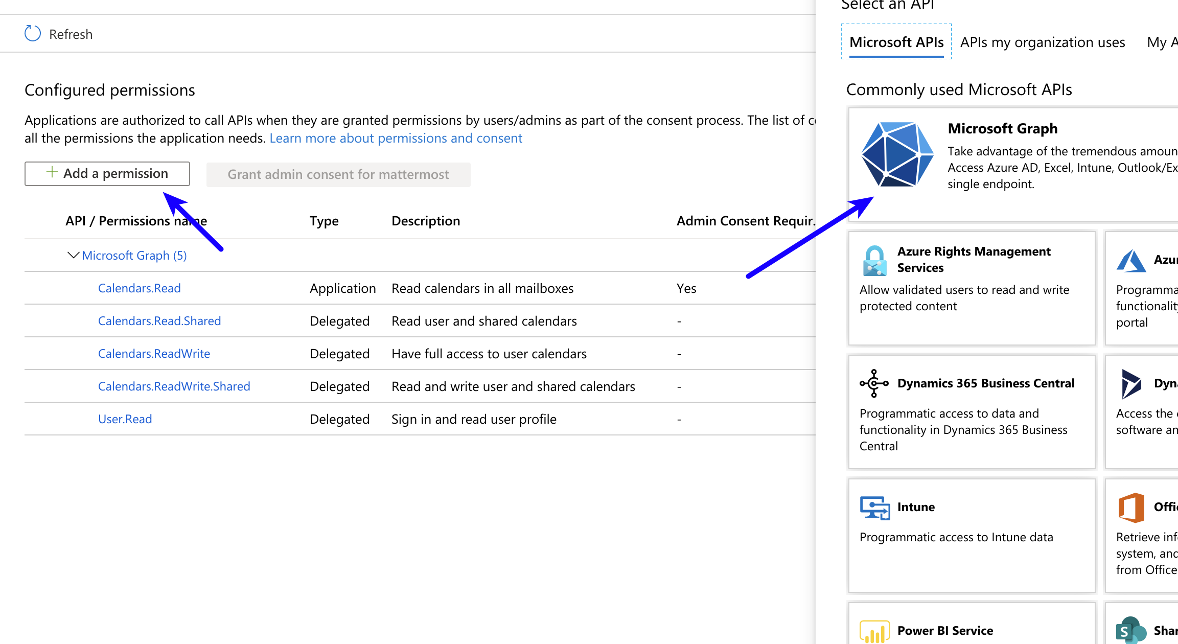 Azure에서 Microsoft Graph 권한을 추가합니다.