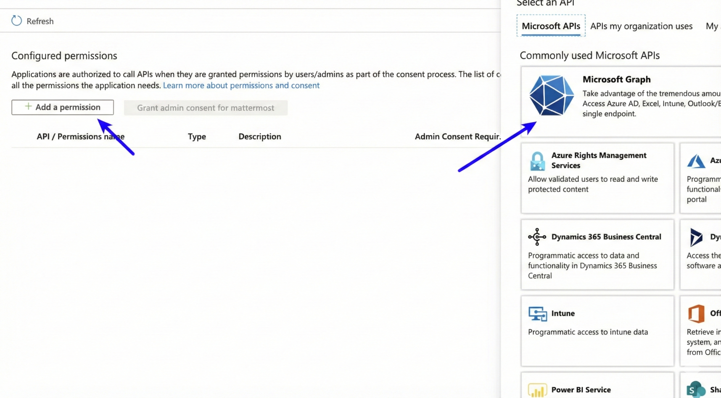 Azure에서 Microsoft Graph 권한을 추가합니다.