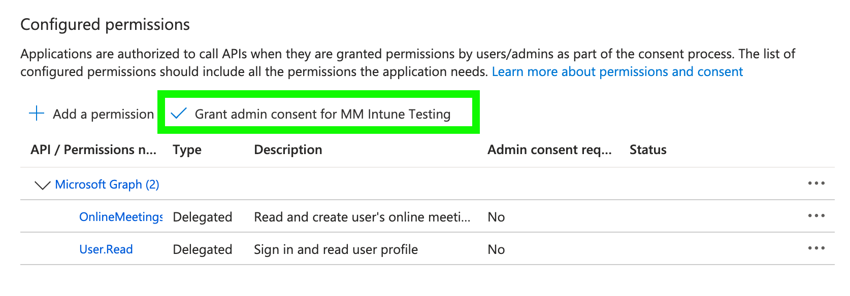 Azure에서 애플리케이션에 대한 관리자 동의 권한을 부여합니다.