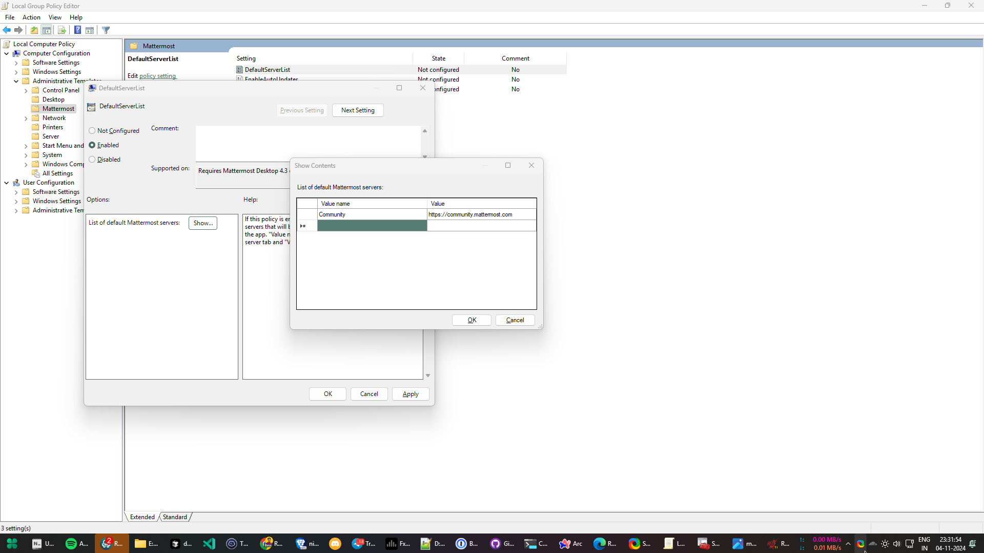 기본 서버를 이름과 URL로 추가한 뒤 OK를 두 번 선택해 Edit group policy 애플리케이션을 닫습니다.