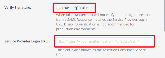 시스템 콘솔 SAML 페이지에서 Verify Signature 옵션을 true로 설정해 활성화한 뒤, Mattermost URL에 맞는 Service Provider Login URL을 입력합니다.