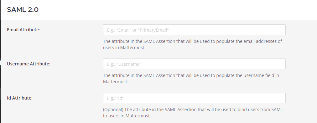 시스템 콘솔 SAML 페이지에서 Mattermost의 사용자 정보를 업데이트하는 데 사용되는 SAML 어설션 속성을 설정합니다. Email Attribute와 Username Attribute는 모두 필수이며 OneLogin에서 SAML Test Connector를 구성할 때 입력한 값과 일치해야 합니다.