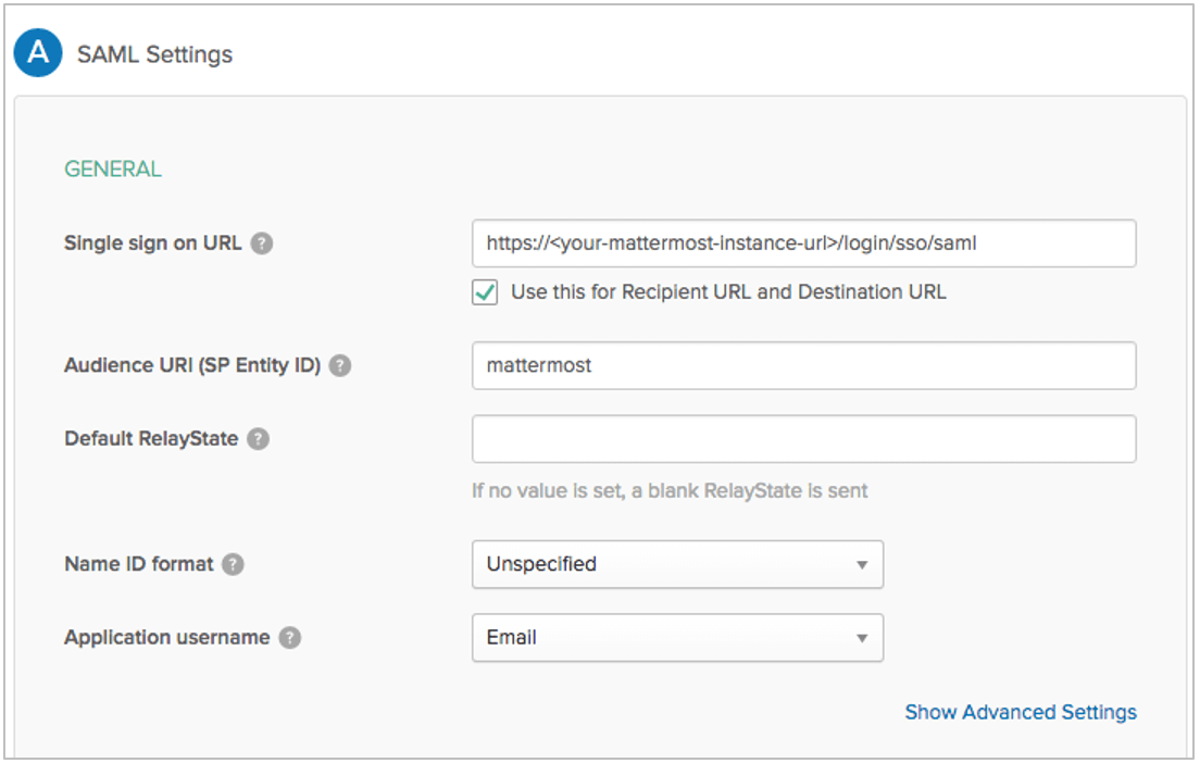Okta의 Configure SAML에서 필수 SAML 설정을 입력합니다.