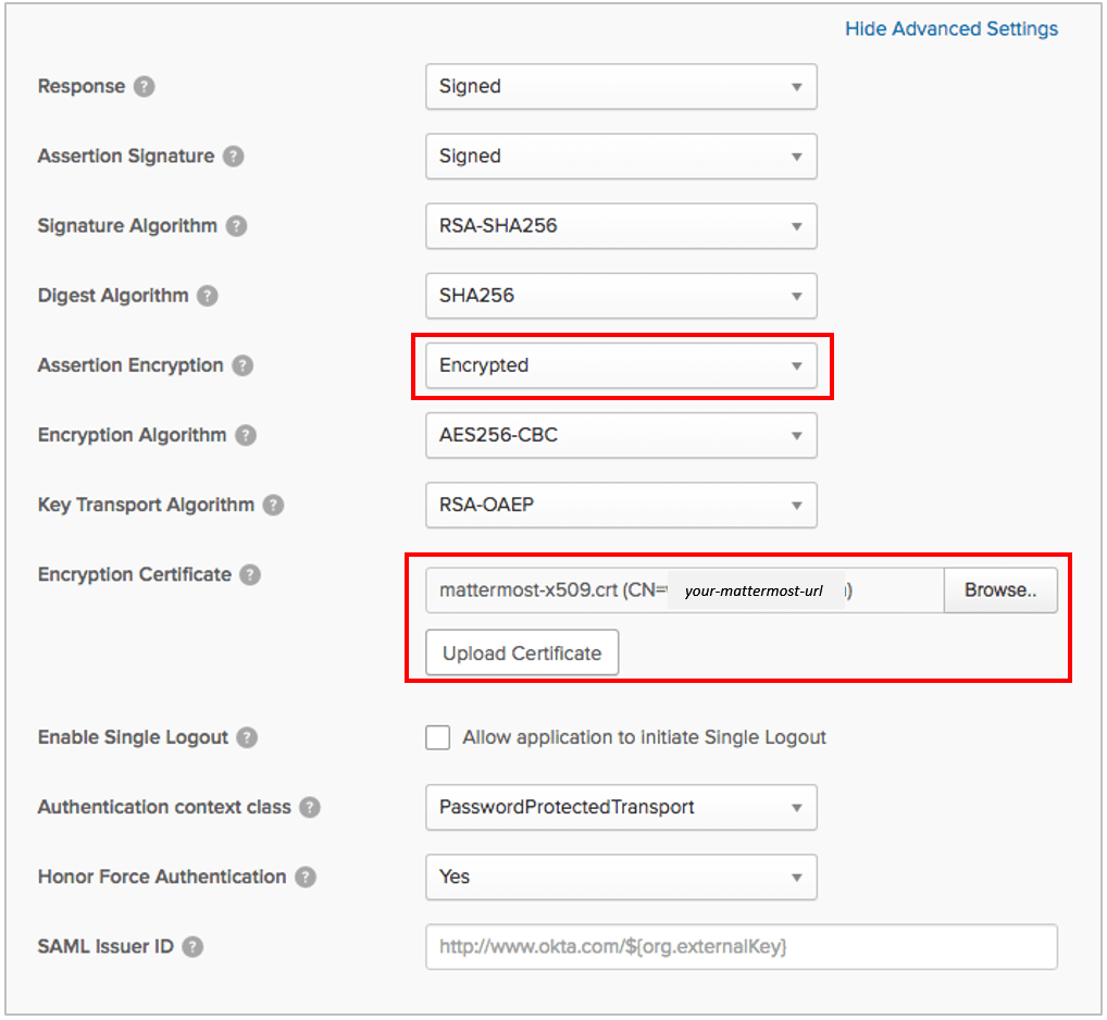 Advanced Settings에서 Assertion Encryption을 Encrypted로 설정한 뒤 생성한 Service Provider Public Certificate를 Encryption Certificate 필드에 업로드합니다.