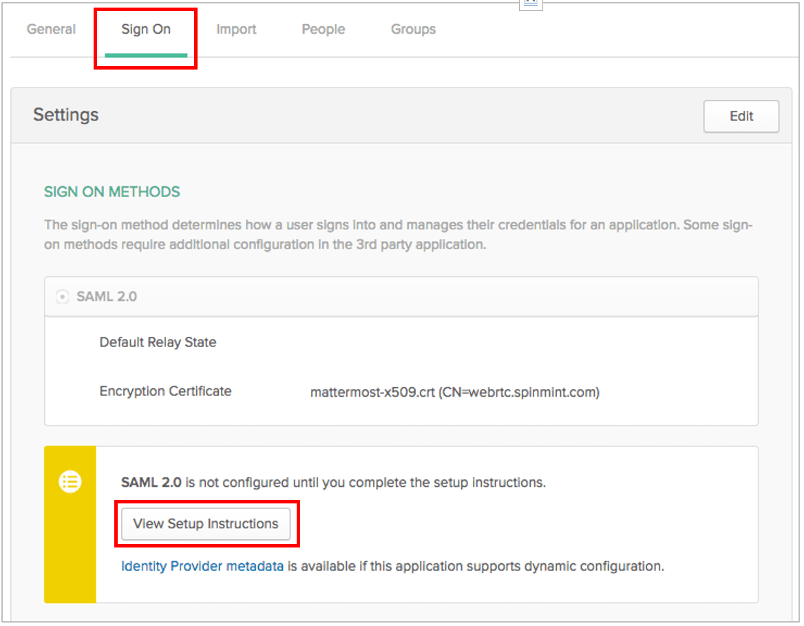 Mattermost 시스템 콘솔에서 Override SAML bind data with AD/LDAP information 설정을 끈 뒤, Sign On 탭을 선택하고 View Setup Instructions를 선택합니다. Identity Provider metadata 링크를 선택한 다음 브라우저 URL 필드의 링크를 편리한 위치에 복사해 둡니다.