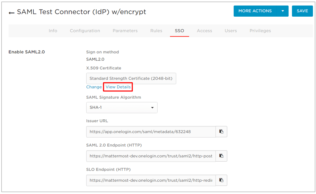 OneLogin에서 SSO 탭을 선택해 Issuer URL과 SAML 2.0 Endpoint (HTTP) 값을 편리한 위치에 복사해 둡니다.