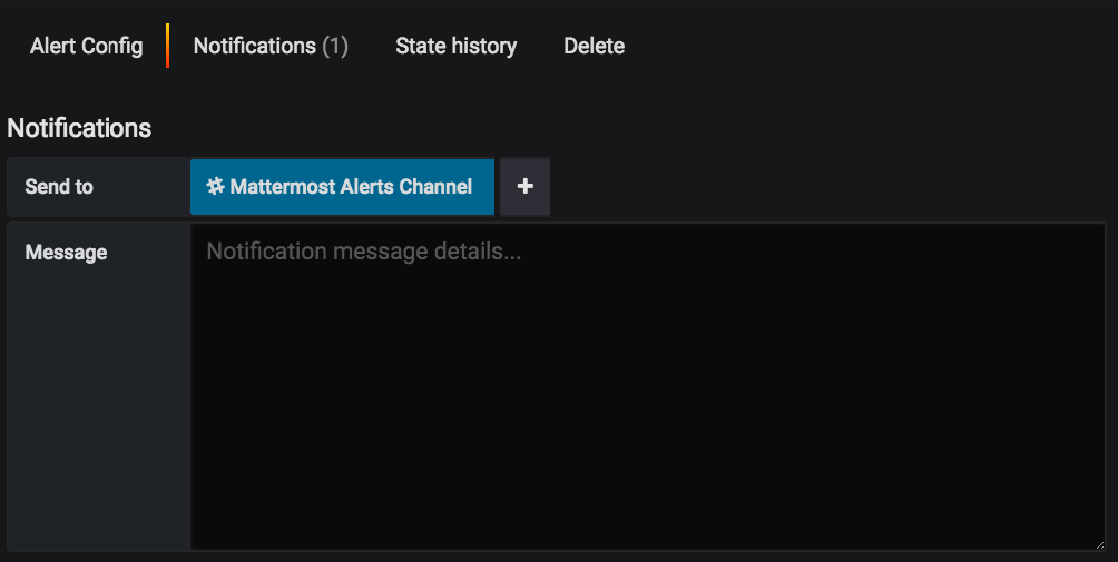 Grafana 대시보드 알림을 구성할 때 Notification 탭으로 전환하고 Send to를 선택한 뒤 Mattermost Alerts Channel을 선택해 알림 발송을 설정합니다.