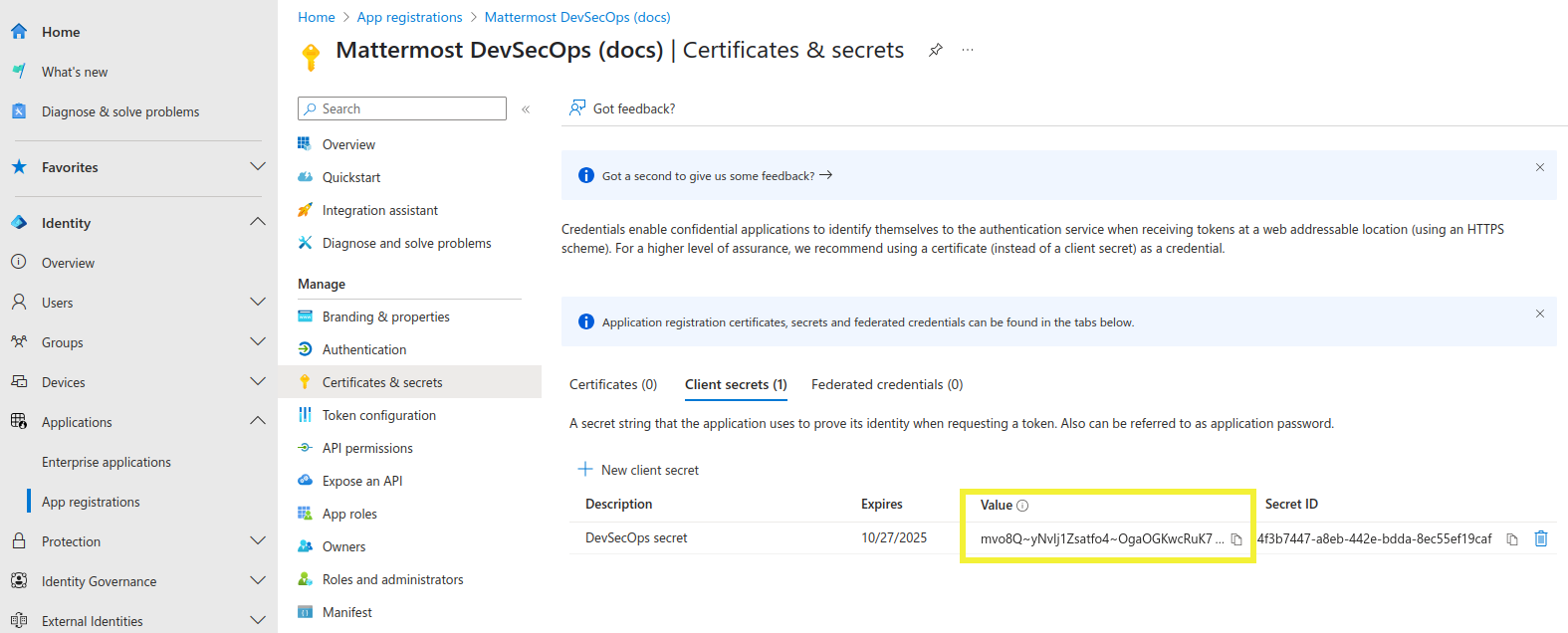 Certificates and secrets로 이동해 새 클라이언트 시크릿을 생성합니다. 시크릿 값은 한 번만 표시되므로 복사해 두세요. 플러그인을 구성할 때 이 값이 필요합니다.