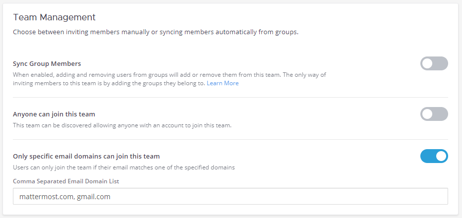 시스템 콘솔에서 팀의 Only specific email domains can join this team 옵션 활성화.