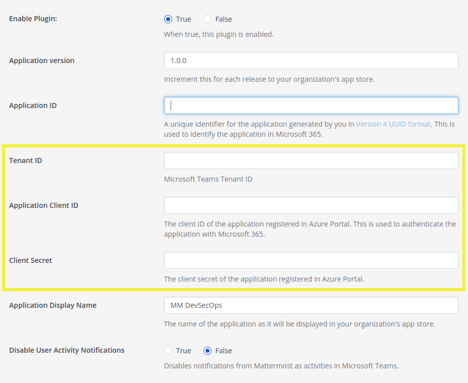 Mattermost 시스템 콘솔에서 플러그인의 Directory (tenant) ID, Application (client) ID, Client Secret을 입력합니다.