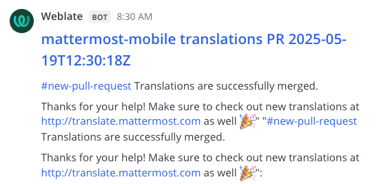 인커밍 웹훅을 사용해 Mattermost에 게시된 Weblate 알림 예시.